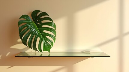 A vibrant green Monstera leaf rests on a transparent glass shelf, casting soft shadows on a warm cream wall.