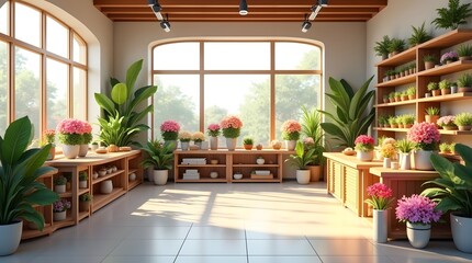 A vibrant flower shop filled with blooming plants bathed in natural light.
