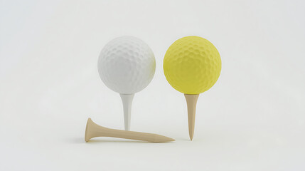 Depiction of two golf balls, one bright yellow on a white tee and one white on a beige tee, set against a white background, with an additional beige tee nearby.