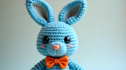 A charming blue crochet bunny with large eyes and an orange bow tie, set against a soft pastel background.
