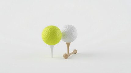 Depiction of two golf balls, one bright yellow on a white tee and one white on a beige tee, set against a white background, with an additional beige tee nearby.