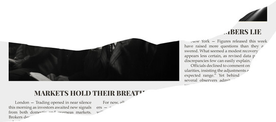 A torn piece of old newspaper with a photo and dummy text, isolated on a transparent background.