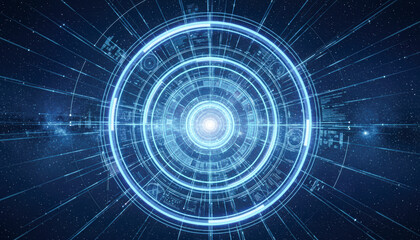 Fototapeta premium A futuristic, circular design radiates light against a starry background, evoking themes of technology, space, and energy.
