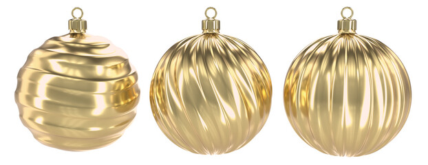 Christmas ornaments ball. Golden balls with ribbed design. Realistic 3d Xmas decoration design. New Year's holiday objects. 3d illustration set transparent background