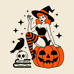 Halloween Witch Sitting on Pumpkin
