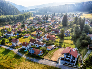 Aerial panorama of Madzhare village in the Rila Mountain valley