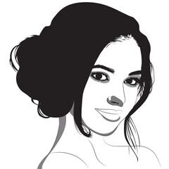 A minimalist black-and-white vector portrait of a young woman with elegant features, expressive eyes, and dark hair styled in a loose bun, exuding confidence and graceful simplicity.