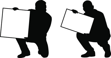 Vector silhouette illustration of two squatting people holding blank signs for protest concept, message display theme, and communication design layout