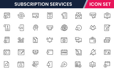 Subscription Services vector web line icon collection, sleek illustrations of plans, payments, memberships, digital access for modern, streamlined designs.
