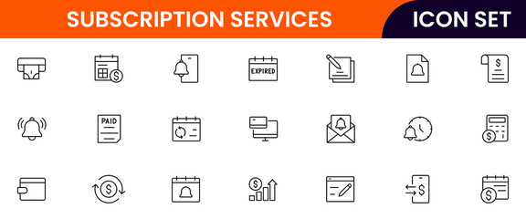 Subscription Services vector web line icon collection, sleek illustrations of plans, payments, memberships, digital access for modern, streamlined designs.