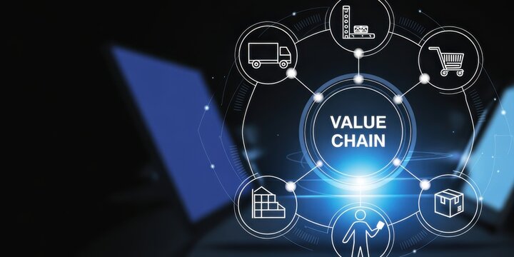 Value Chain Visualization: An interconnected diagram showcases a seamless value chain, emphasizing the flow of operations in a dynamic visual landscape.