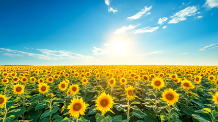 Fototapeta premium Vast sunflower field stretches to the horizon under a bright blue sky ai generated image