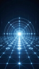 A digital illustration of a radiant light source surrounded by concentric circles and a grid pattern, evoking a sense of depth and technology.