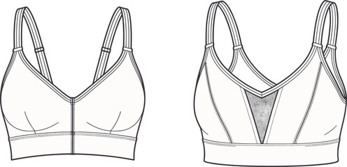 Fashionable women’s sports bra design front and back view, modern lingerie illustration, activewear clothing template for fashion designers and manufacturers