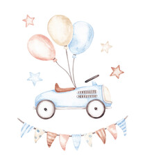 Boys birthday card design. Retro car with balloons, flags hand drawn with watercolor. New born, baby shower card. 