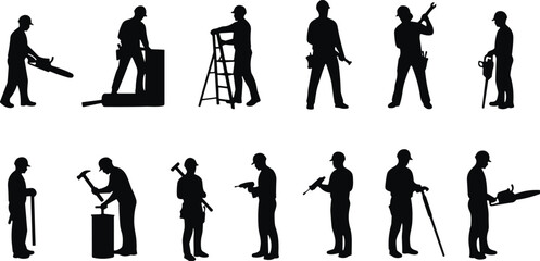 Construction worker silhouettes with tools, industrial labor concept illustration, engineering and building teamwork, professional tradesmen performing various construction activities