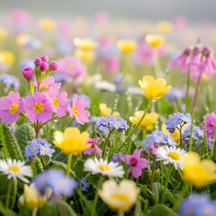 Obraz premium Spring Meadow with Wildflowers Colorful Floral Landscape Blooming Plants Dew Drops Serene Nature Scene Vivid Colors Outdoors