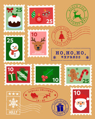 Christmas postage stamps and holiday mail design, cute vintage illustration with reindeer, gifts, and gingerbread man, festive postal clip art for winter and greeting cards