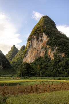 Majestic karst mountains rise above green fields under a blue sky at sunset. Phong Nam, Tr˘ng Kh&middot;nh District, Cao Bang, Vietnam