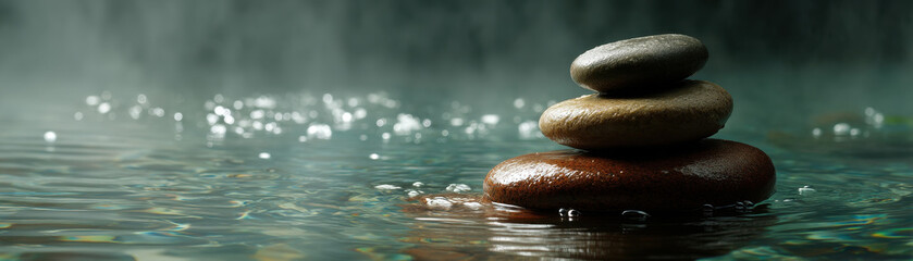 Tranquil spa environment with stacked stones in water, creating serene atmosphere with gentle ripples and soft mist