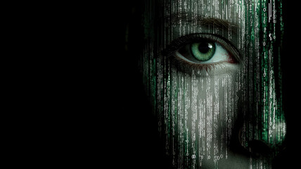 Digital face composed of binary code, showcasing mysterious eye with green iris, evokes sense of technology and intrigue