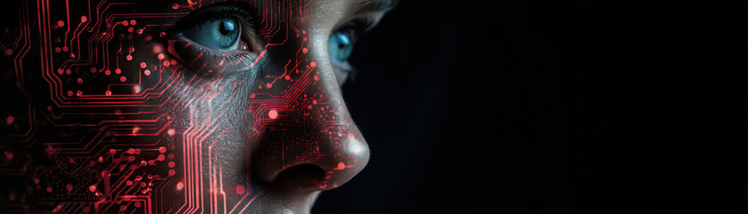 Digital face merges with technology, showcasing intricate circuit patterns and vibrant colors, evoking sense of innovation and connection