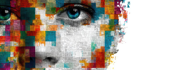 Digital face with mosaic pattern featuring colorful tiles, blending vibrant hues and intricate designs, evokes sense of creativity and modernity