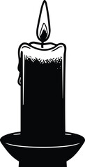 Burning candle in holder illustration, black and white vector design, simple wax candle flame icon, spiritual, relaxation, meditation element