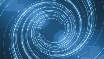 A swirling blue digital design with lines and circular patterns, creating a sense of motion and depth.