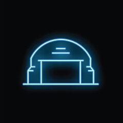 Blue neon sign depicting a hangar or warehouse with its gate closed, evoking industry and storage