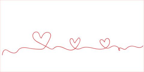 Red hearts connected by a continuous line on white background