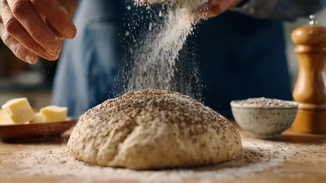 Medium frame showing a baker sprinkling omega3 packed chia seeds onto rising dough emphasizing healthful ingredient integration.
