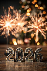 celebrate 2026 fireworks with metal numbers standing against dark sky over sparkling bokeh background, closeup, new years eve day, silvester, prosit, portrait view, photorealistic