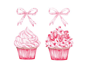 Valentine cupcake illustration. Cute cupcakes with pink cream, red hearts and bows. Romantic design hand painted with watercolor. For Valentine card, banner, invitation