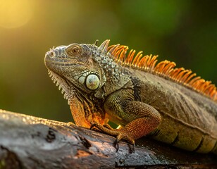 Bright orange iguana in a wet forest with soft morning sunlight. Close-up wildlife photography capturing vivid colors and natural habitat details.
