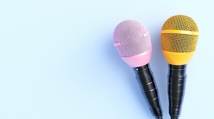 Press conference setup featuring colorful microphones on a clean white background with professional detail and vibrant color grading