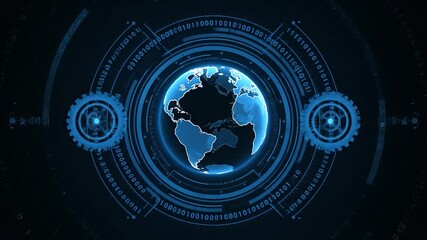 A digital globe with circular binary code and gear elements in a tech design - Powered by Adobe