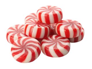 Sweet pile of red and white peppermint hard candy. An isolated swirl treat with refreshing mint taste, classic dessert confection