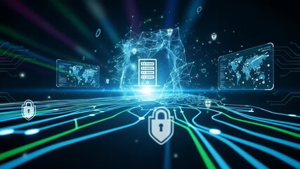 Abstract network security landscape with glowing server and padlock icons - Powered by Adobe