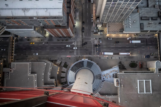 Aerial view of a bustling cityscape with tall buildings and busy streets. Calgary, Alberta, Canada