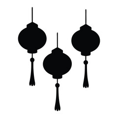 Three simple black silhouette Chinese lanterns hanging on a white background