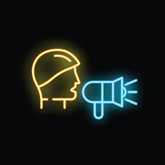 Neon glowing icon of a soldier speaking through a megaphone on a black background