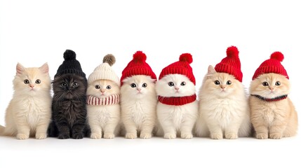 A delightful line-up of festive cats dressed in Christmas hats and scarves against a pristine white background ready to spread holiday cheer