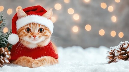 A charming cat in a festive Santa costume resting on snowy ground with soft holiday lights in the background creating a perfect winter atmosphere