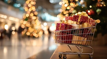 Shopping cart full of christmas gifts with bokeh lights