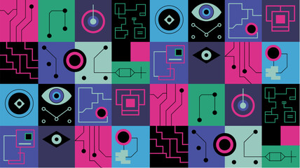 Abstract digital seamless circuit pattern in neon colors for tech design