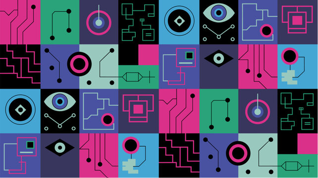 Abstract digital seamless circuit pattern in neon colors for tech design