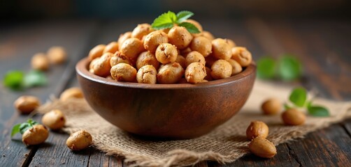 Makhana also known as fox nuts served in wooden bowl. Roasted lotus seeds also called popped kernels are healthy snack. Superfood on burlap napkin at rustic table.