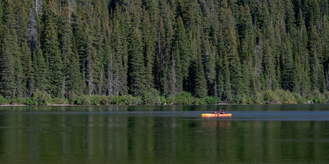 A serene lake with a lone canoe and vast forest backdrop under a clear sky. Waterton Park, Alberta, Canada