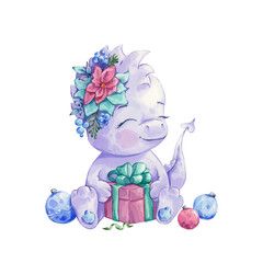 A cute dragon with flowers on its head and a gift in its hands. Watercolor.